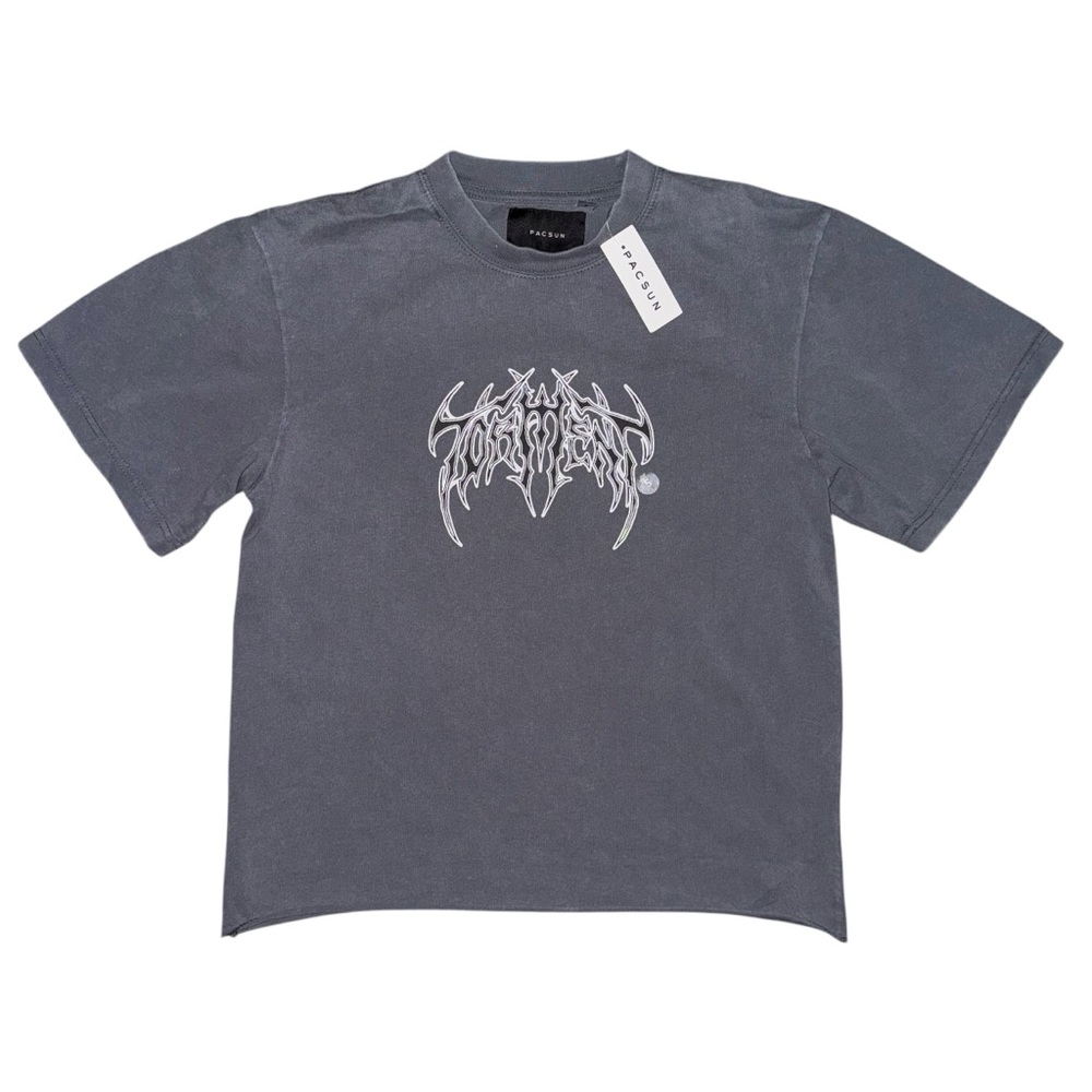 PacSun Torment Boxy Fit Graphic Tee in Gray – Vintage Metal Logo Style